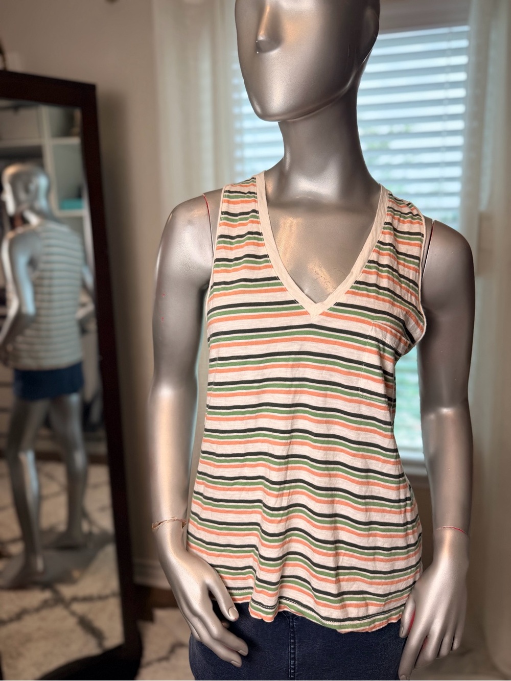 Madewell Striped Whisper Cotton V-Neck Pocket Tank Top Medium White & Green